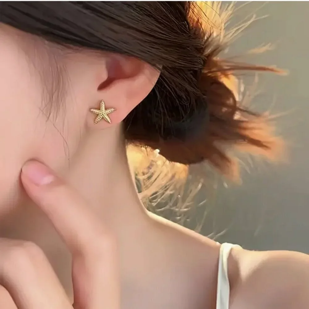 Starfish Gold Tone Stud Earrings, Vacation Style